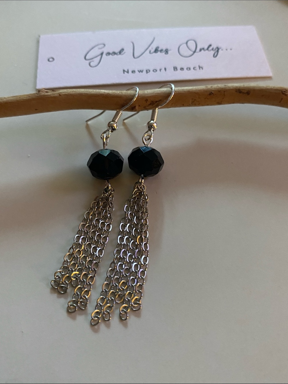 Good Vibes 😎 Only Black Bead Silver Tassel Drop Earrings